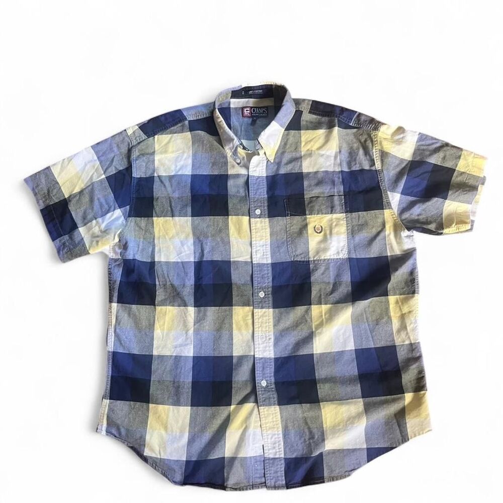 Vintage Y2K Chaps Ralph Lauren Men's Blue and Yellow Plaid Button Up Shirt SZ XL
